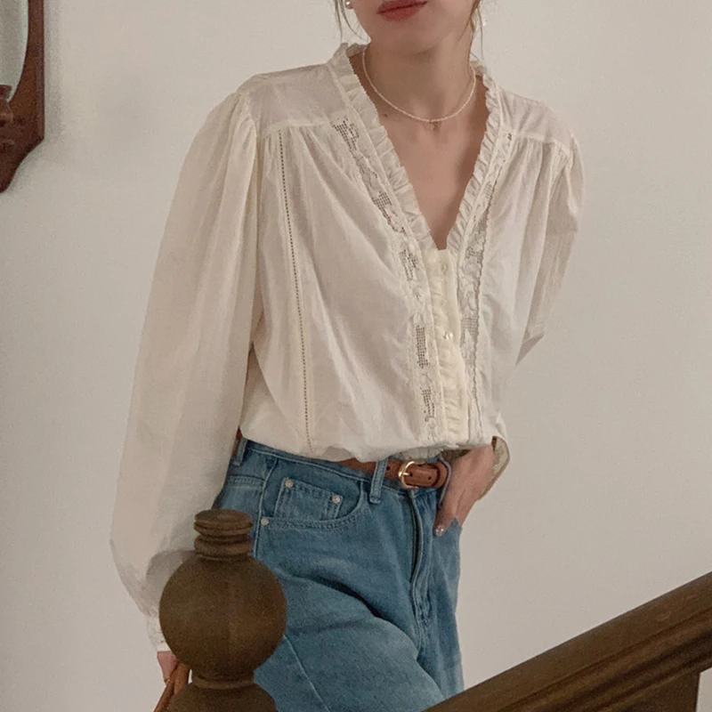 시크한 브이넥 레이스 트림 루즈 캐주얼 버블 슬리브 셔츠 여성용 봄 패션 우아한 스플라이싱 스타일 다용도 캐주얼 셔츠