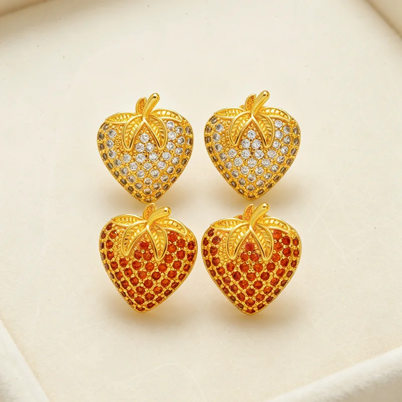 Evergreen Full Diamond Strawberry Stud Earrings For Women 24K Gold AU999 remove redundant messy trivial decorative patterns