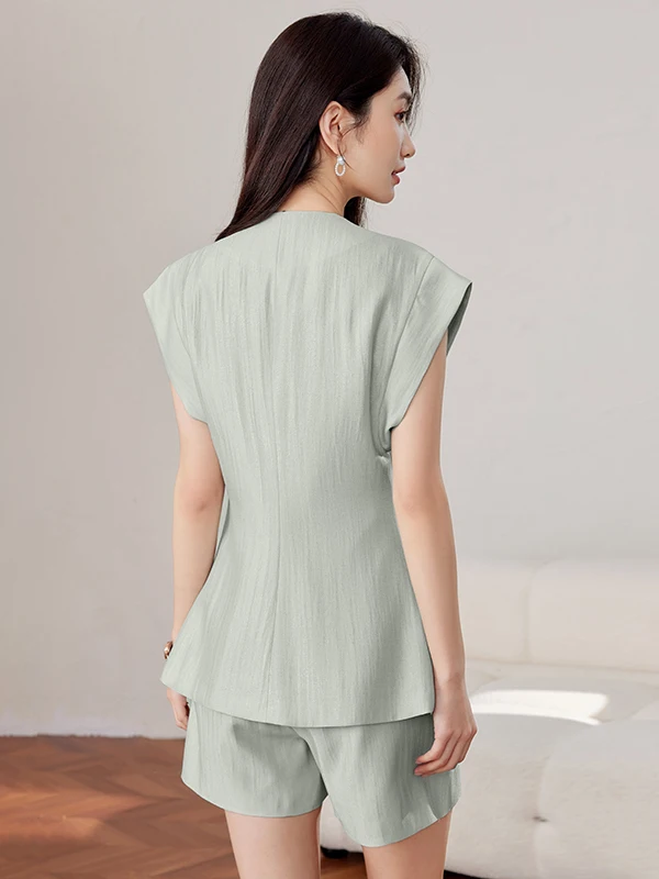 Elegant Summer Sleeveless Suit Jacket Women's Fashion Set High Quality Short Size Luxury Dress Casual Style V-Neck Button up