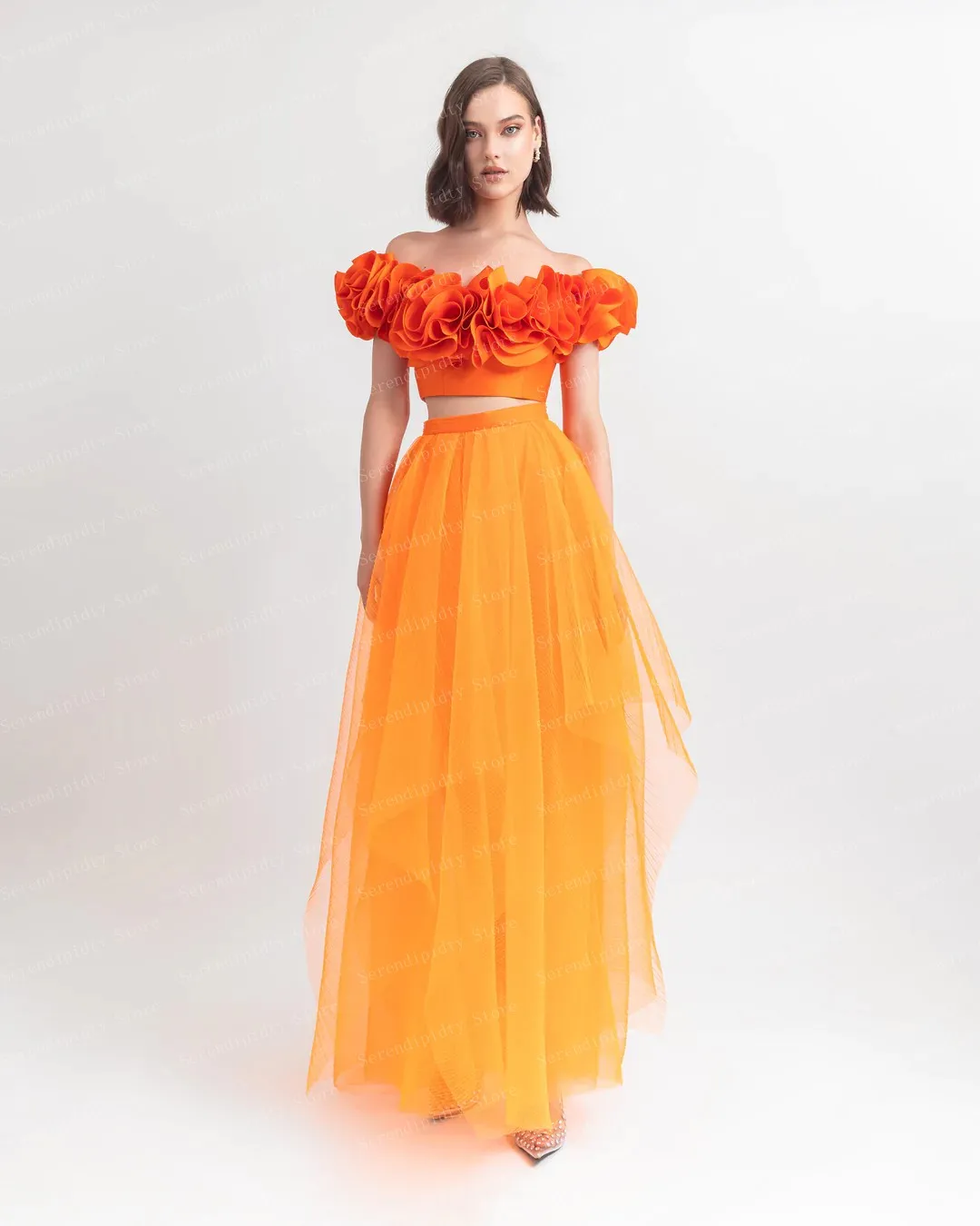 Orange High-waist Tulle Dress Asymmetrical Long Party Skirt Ankle Length Woman Clothes Elegant Evening Skirt Free Shipping