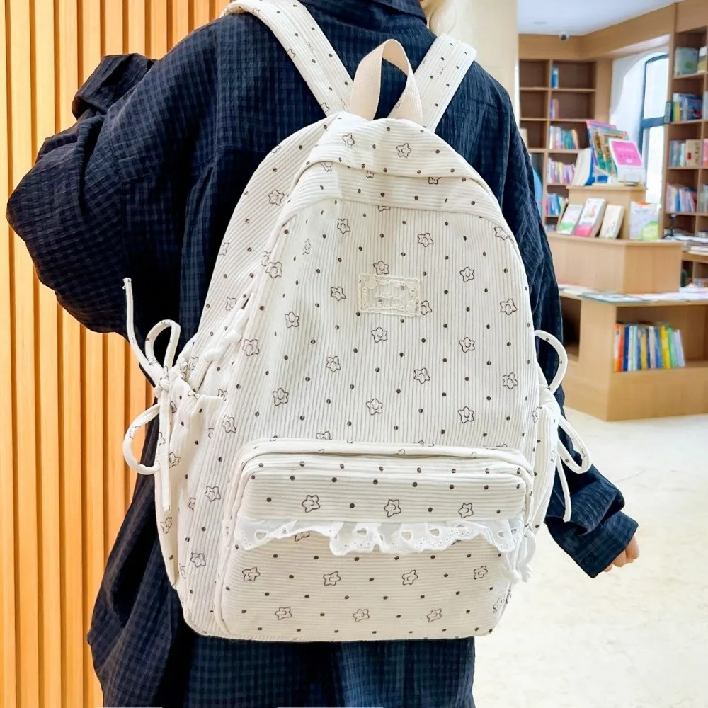 Corduroy Material Corduroy Backpack Polka Dot Print Lace Floral Print Student Backpack Kawaii Style Korean Style Lace Backpack