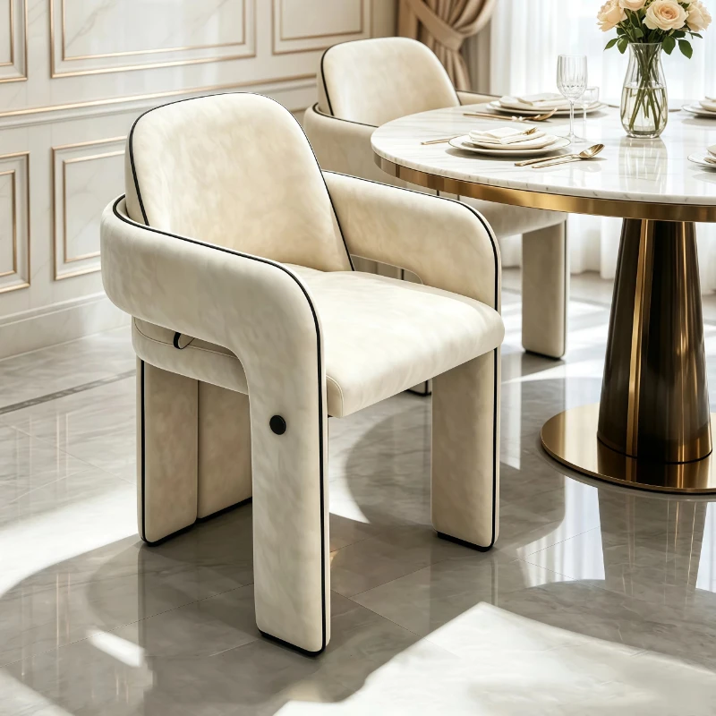 Modern cream-colored microfiber leather dining chair with armrests, luxury upholstered, eco-friendly decorative chair