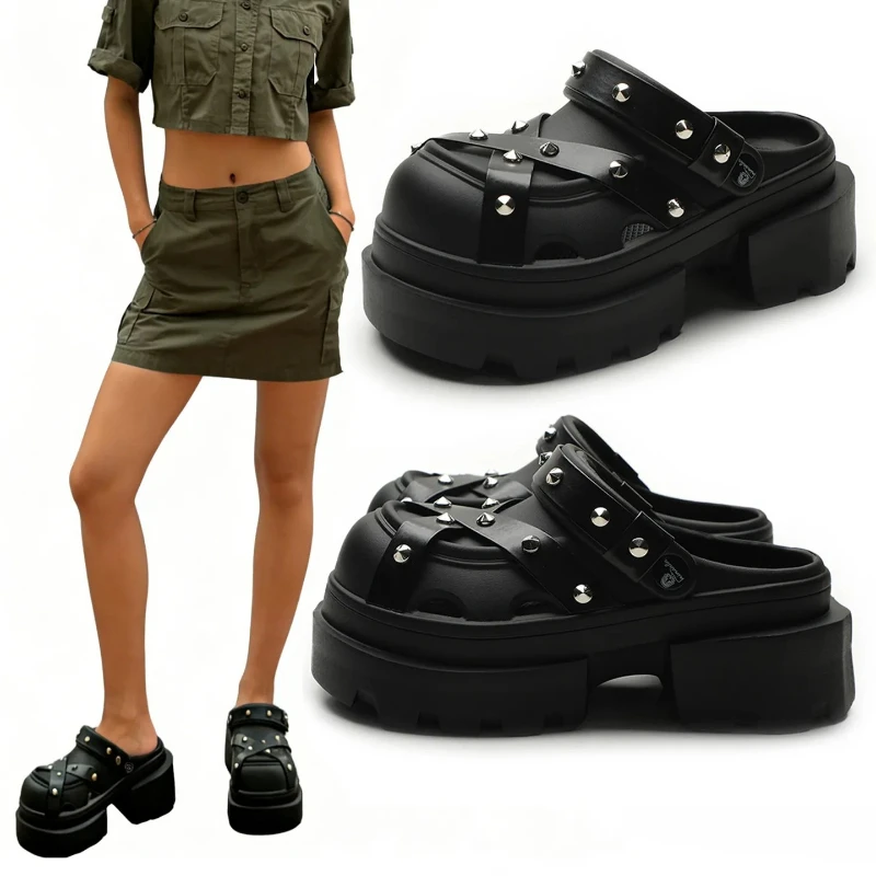 New Y2K Dark Punk Rivet Women Mule Clogs, Summer Outdoor‑Wear Thick Platform Muffin‑Sole Backless Slip‑On Shoes