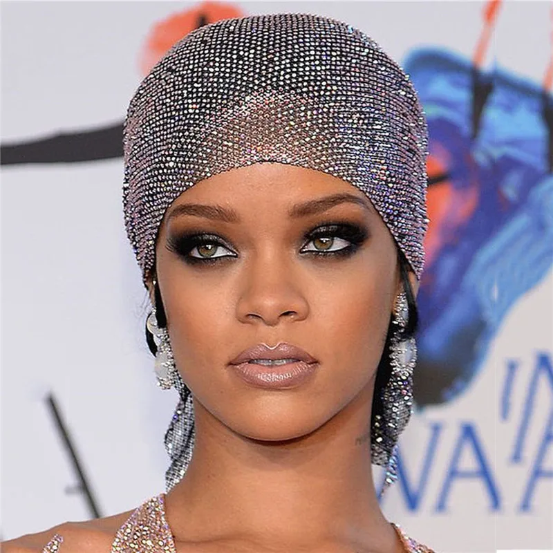 Women\'s Rhinestone Headband Turban Hair Jewelry Hat Bling Crystal Head Wrap Scarf Nightclub Snood Headwear Accessories