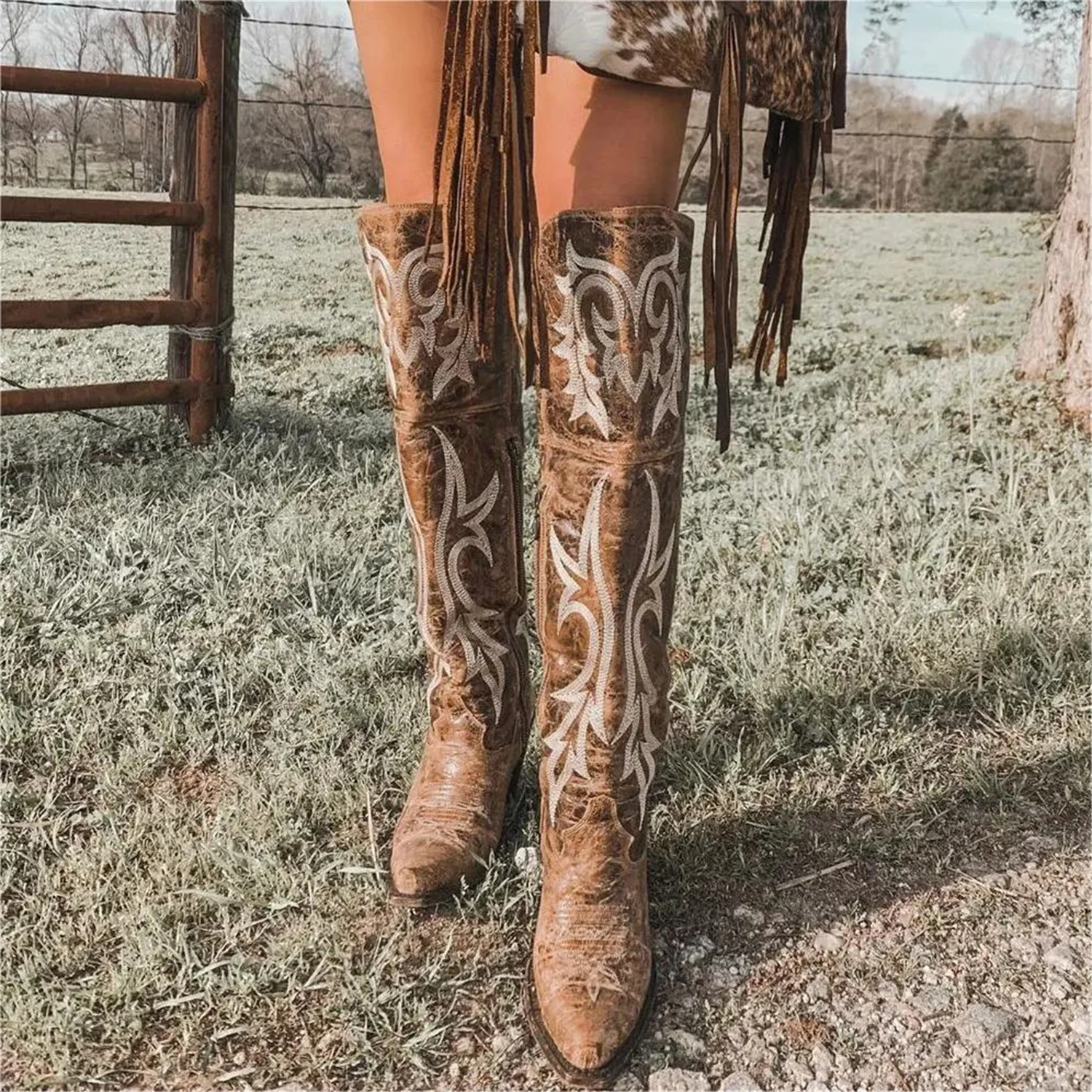 FEMALEAN 2023 High Long Over The Knee Pointed Toe Spring Western Cowboy Country Texana Boots Women Shoes On Offer