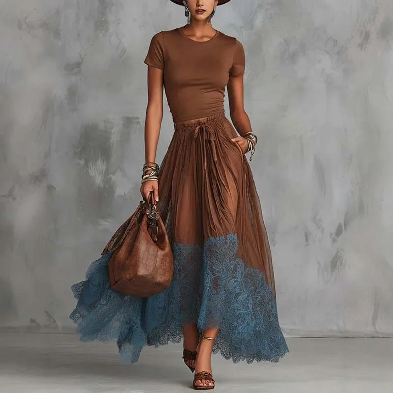 

Chic Women Maxi Dress 2 Pieces Sets Solid Slim Fit Short Sleeved Top with Lace Splice Drawstring Elasticity High Waisted Skirt