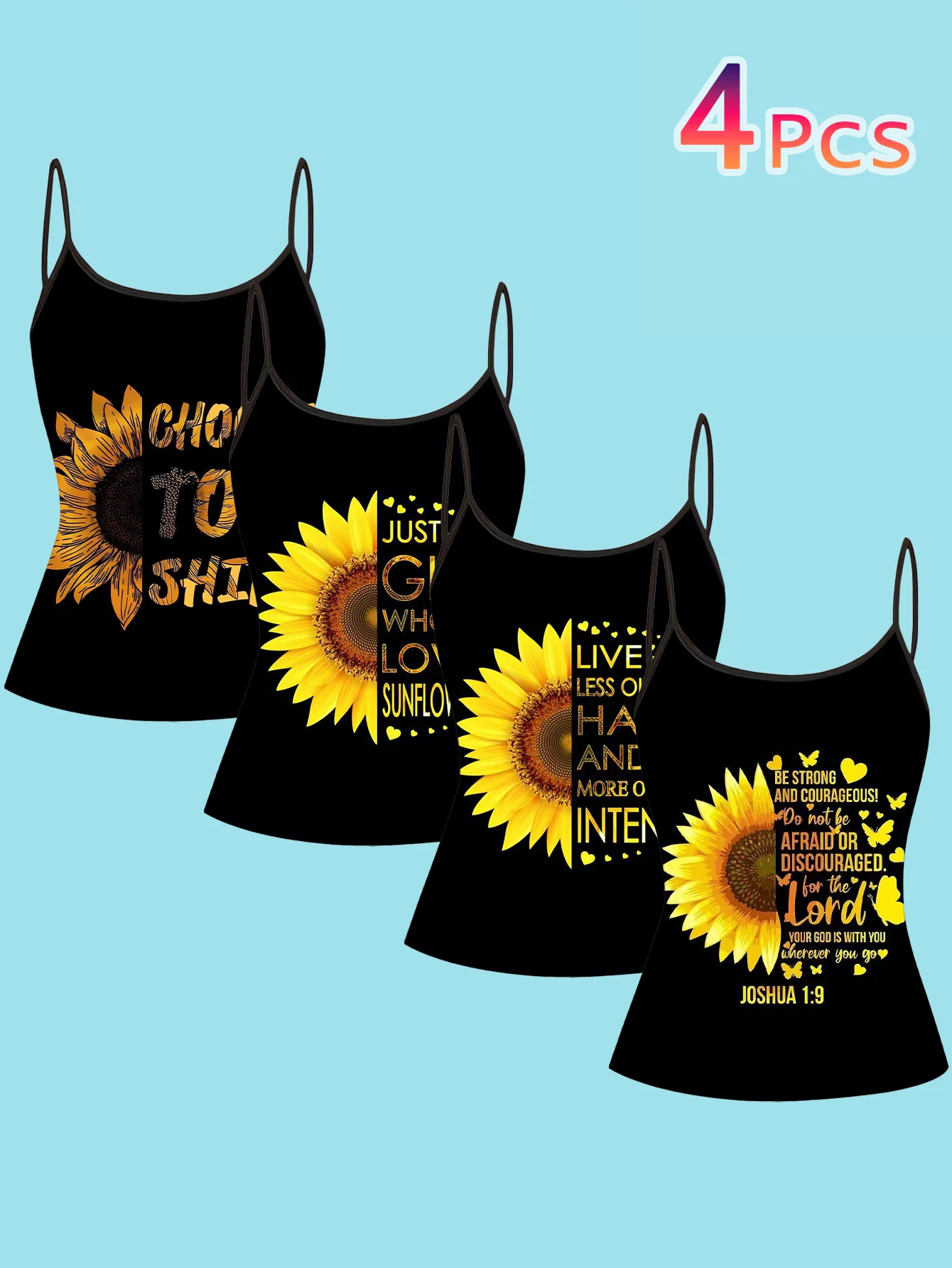4-Piece Set of Women's Spaghetti Strap Camisoles with Black Background Sunflower Inspirational English Text Print, Slim Fit Sleeveless Tops