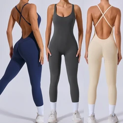Cross Back Jumpsuit for Women Workout One-piece Bodysuit Fitness Yoga Set Gym Wear With Cups Activewear