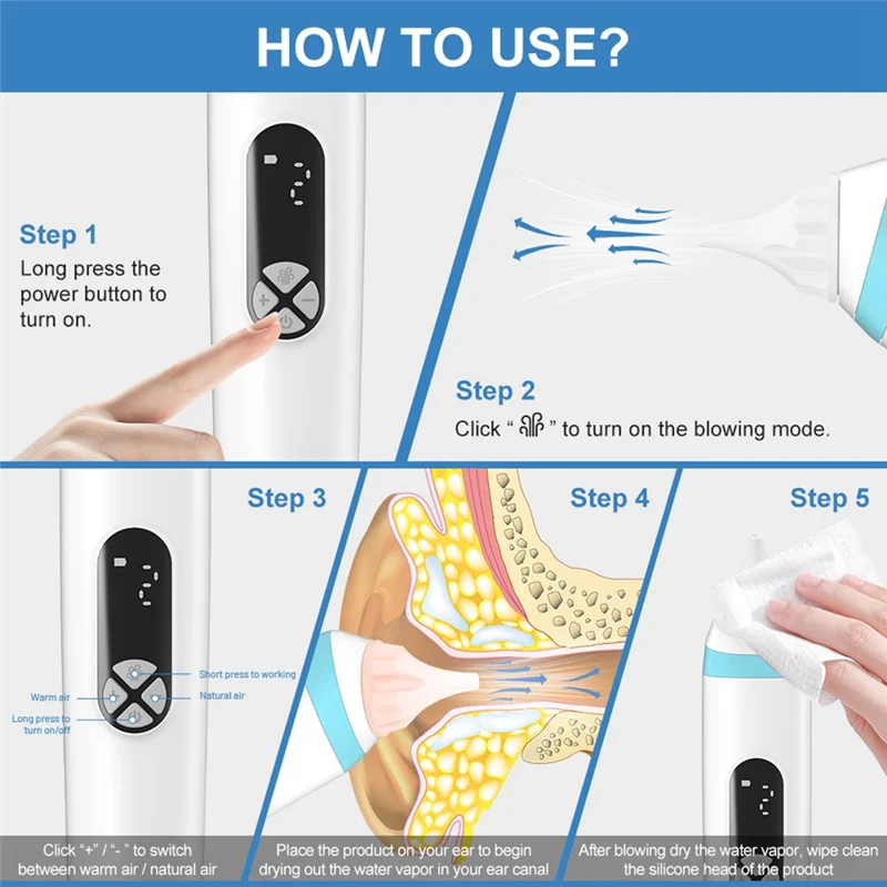 ABMF-เครื่องเป่าหูไฟฟ้าแบบพกพาสําหรับนักว่ายน้ํากําจัดความชื้นอย่างรวดเร็วน้ําหู Remover ช่วยให้หูแห้งหลังจากอาบน้ํา