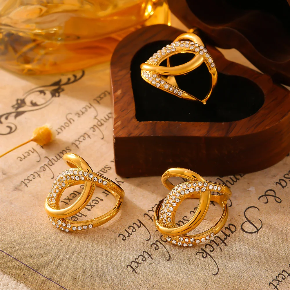 Trendy C Shape Hip Hop Rings for Women Luxury Inlaid Zircon Index Ring Stainless Steel Gold-plated Waterproof Party Jewelry Gift