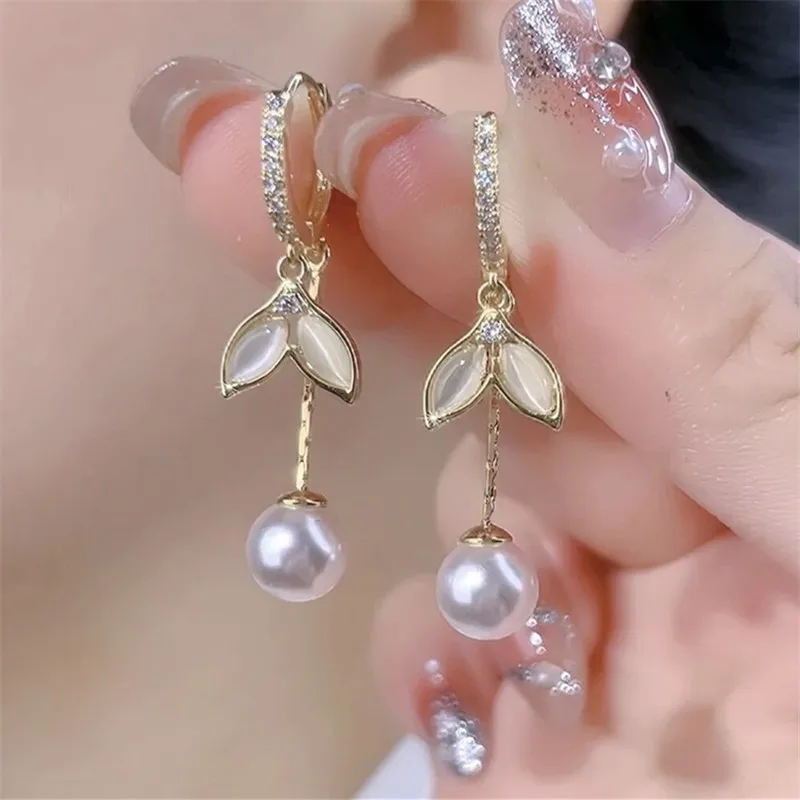 New Opal Fishtail Pearl Long Tassel Earrings For Women Fashionable Personalized Daily Accessory Party Jewelry Birthday Gifts