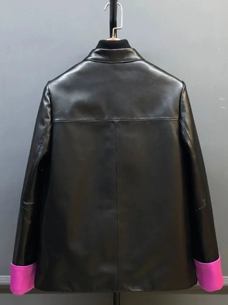 Damska kurtka ze skóry naturalnej w stylu chińskim, jednolity kolor, długi rękaw, dopasowany krój, jednorzędowa, z haftem, retro płaszcz z owczej skóry.