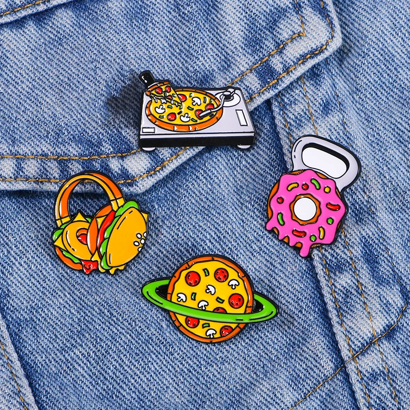 Kitchen Food Collection Hard Enamel Pins Personality Pizza Earth Burger Earbuds Donut Bottle Opener Shaped Brooches