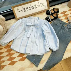 Spring Autumn 2024 Babys Girls 2PCS Clothes Set Coton Bow Ruched Blouses Suits Solid Casual Denim Pants Toddler Kid Girl Outfits