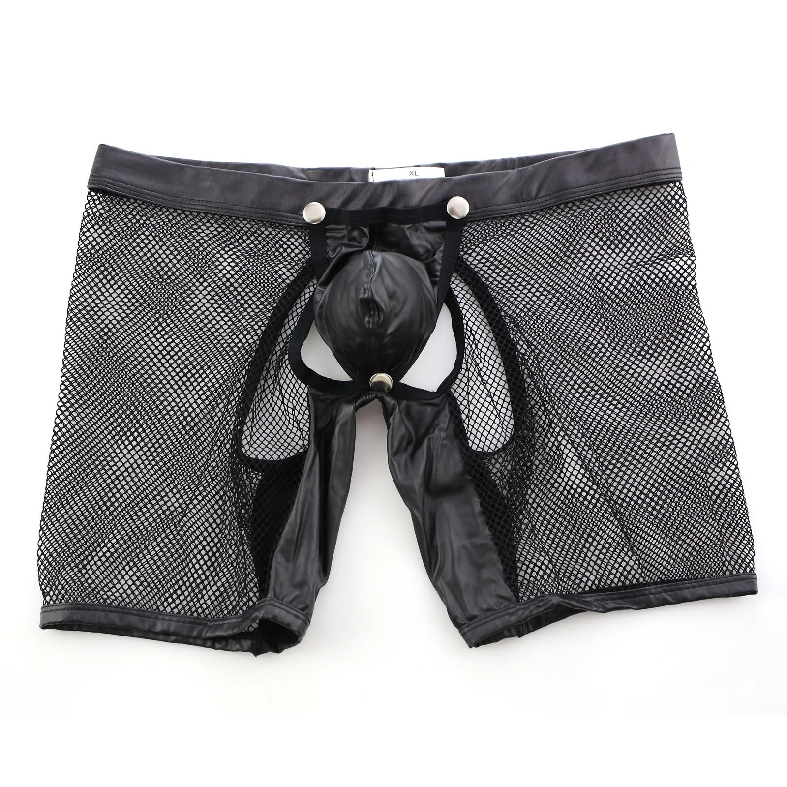 CLEVER-MENMODE Sexy Mesh Lingerie Men Underwear Boxers Shorts PU Leather Open Penis Pouch Transparent Long Leg Open Butt Boxer