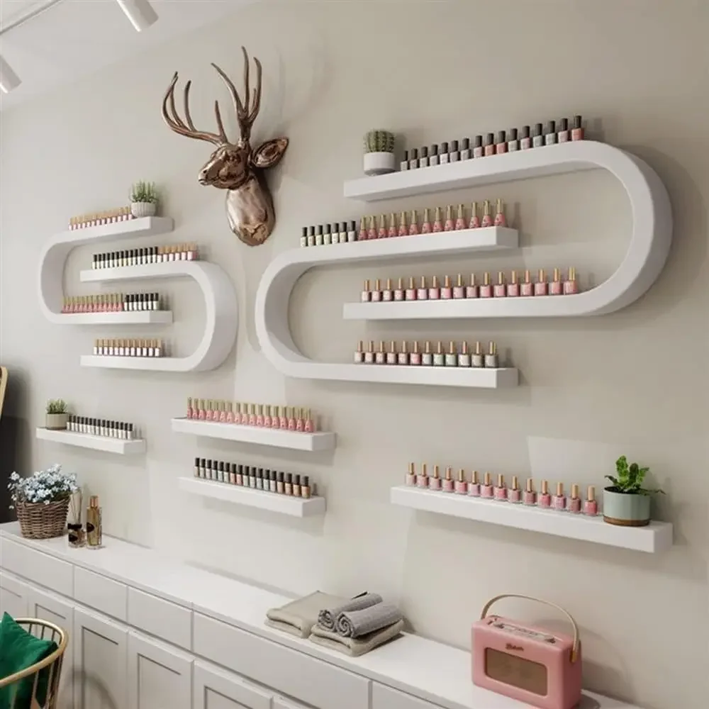 White Wall-Mounted U-Shaped Nail Polish and Perfume Storage Rack for Beauty and Nail Shops
