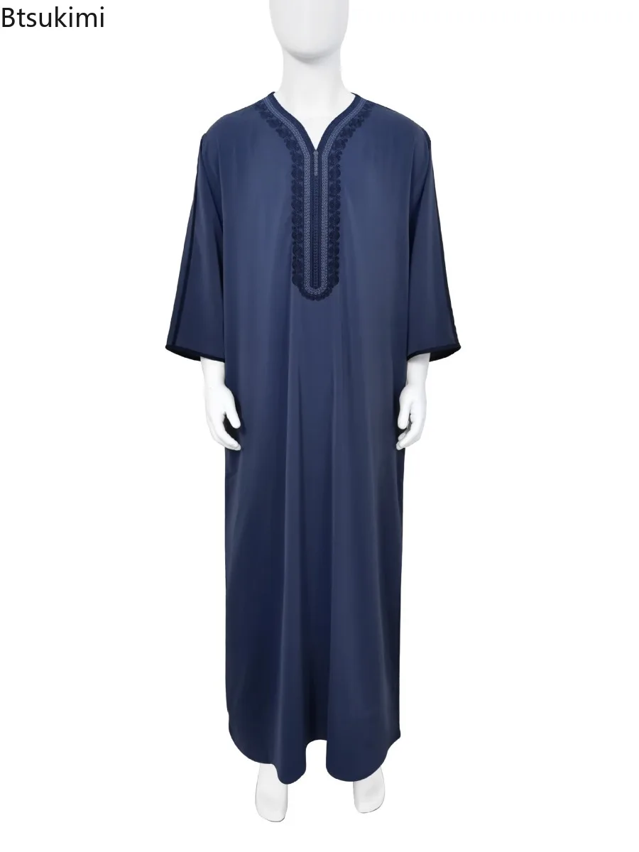

New Muslim Fashion Abayas for Men Middle East Embroidered Robe Side Pocket Casual Kaftan Ethnic Style Men Thobe Islamic Clothing