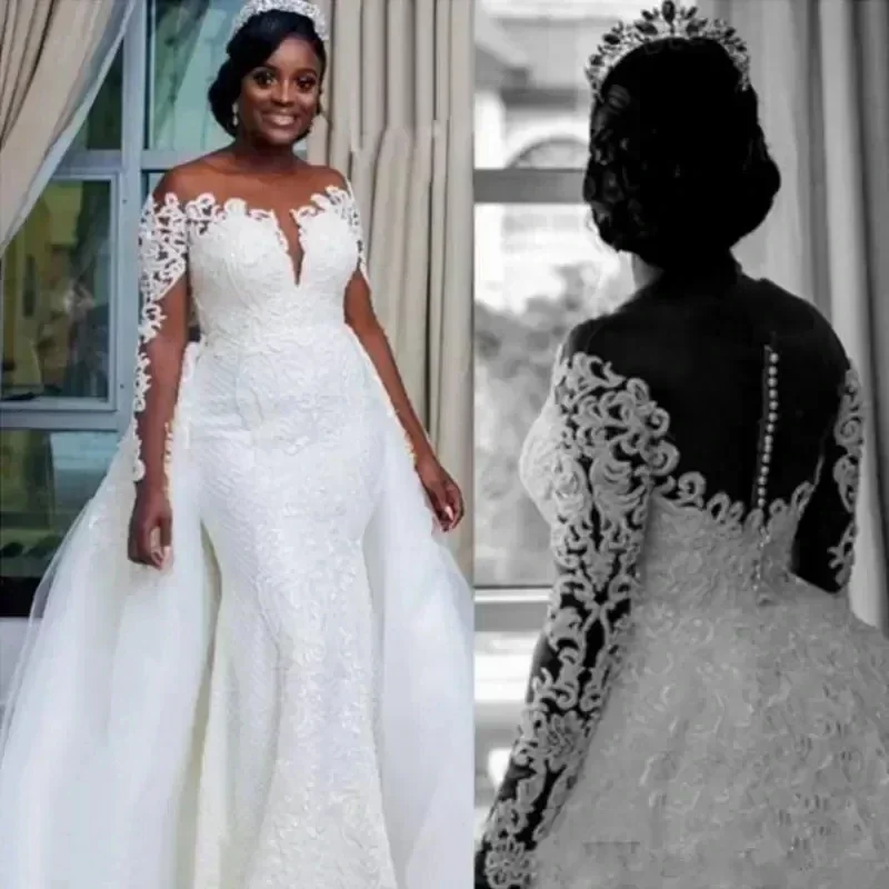Abiti da sposa a sirena taglie forti personalizzati Treno staccabile Abiti da sposa a maniche lunghe con illusione di applique in pizzo pieno africano