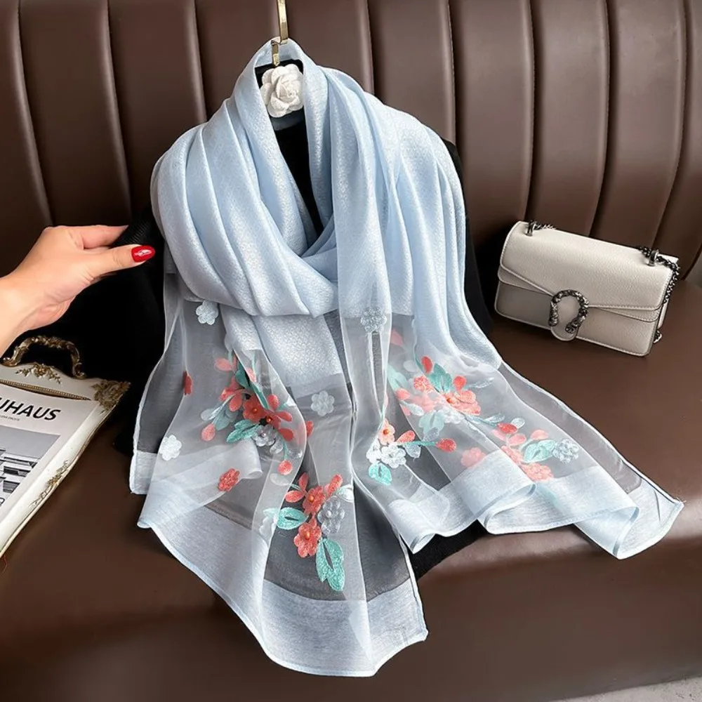 Elegant Soft Thin Luxury Silk Scarf Flower Embroidery Foulard Women Hijab Shawls Wraps Large Shiny Lace Scarf Lady