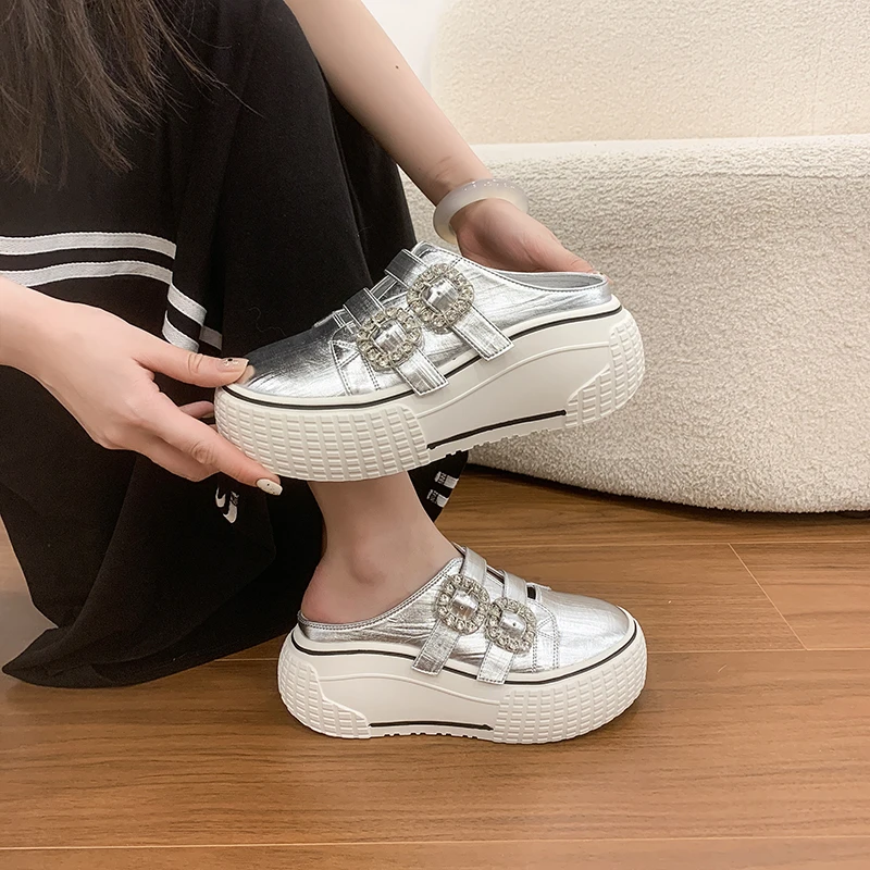 

Sequin Metal Buckle Wrapped Slippers Summer New Round Toe Deep Mouth Platform Wedge Shoes