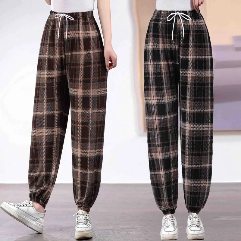 Calça pijama feminina de seda gelo, cintura alta, força elástica celular, perna de encadernação, calças de inseto femininas, pode ser vestida lá fora, novo estilo