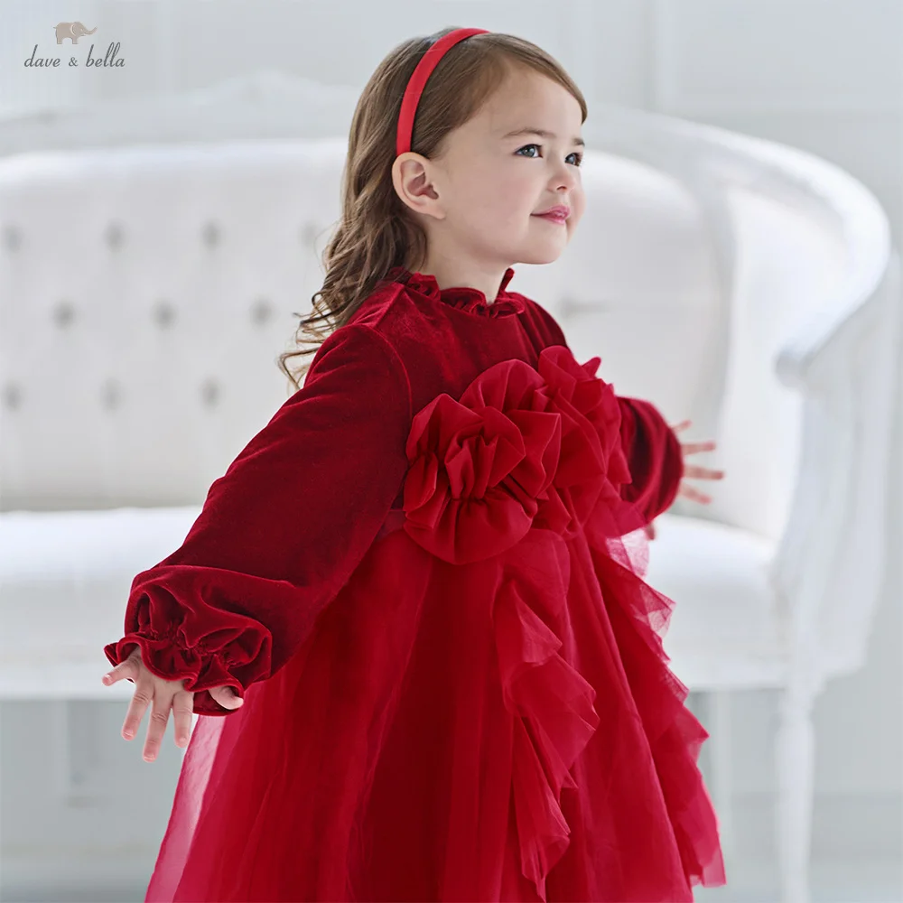Dave Bella Girls' Princess Velvet Dress Winter Baby Gentle Charm Lace Mesh Dress Party Thick Long Sleeve Red Outerwear DB4254215