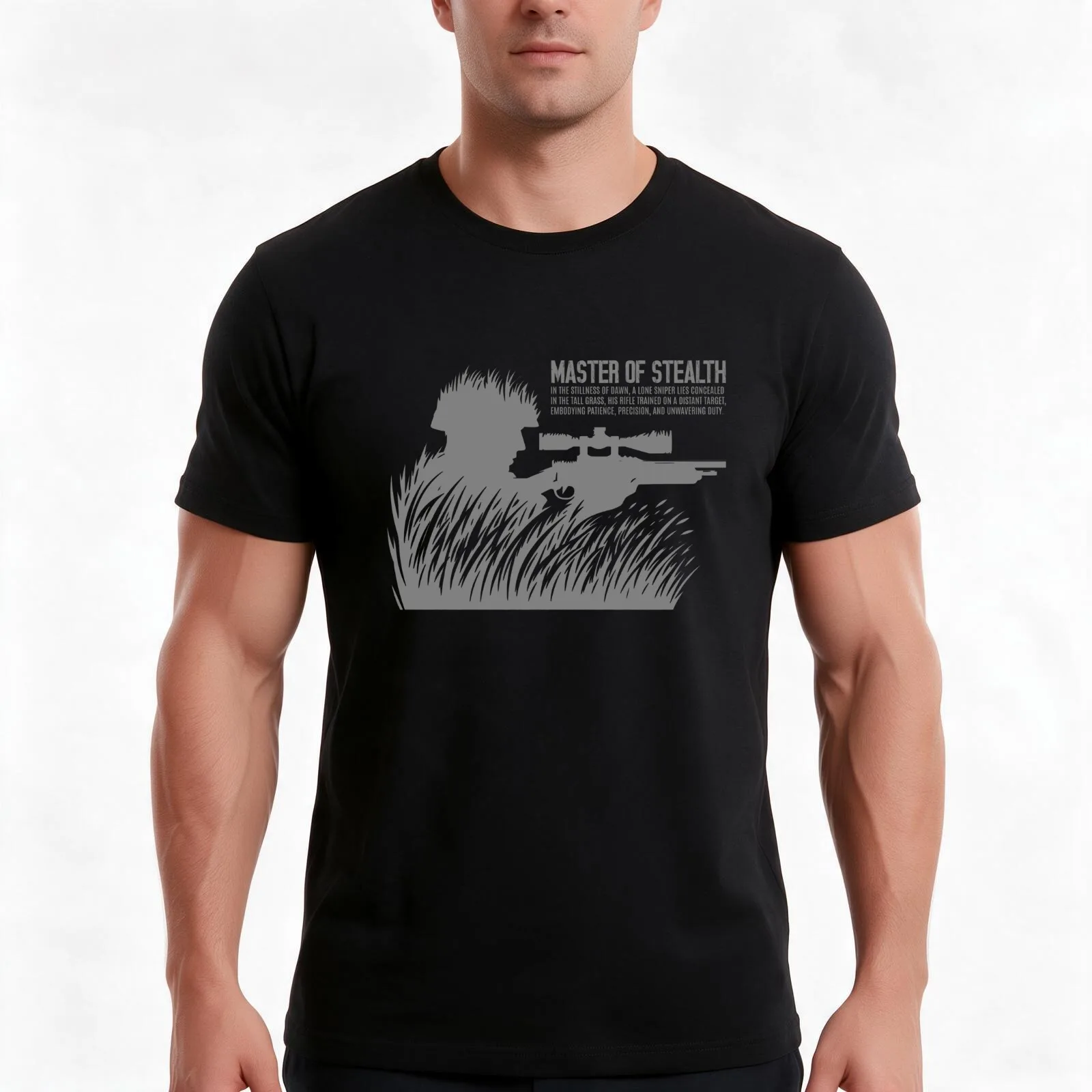 Stealth Sniper: Concealed Precision in Gray T-Shirt, Summer Casual Cotton Tee, Oversized Streetwear Tops, Vintage Graphic Print
