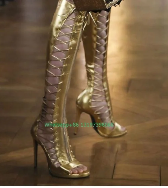 Lady gold color lace-up hollow zip shoes open toe stiletto heel dress sexy boots cut out causal dress pumps footwear size 35-46