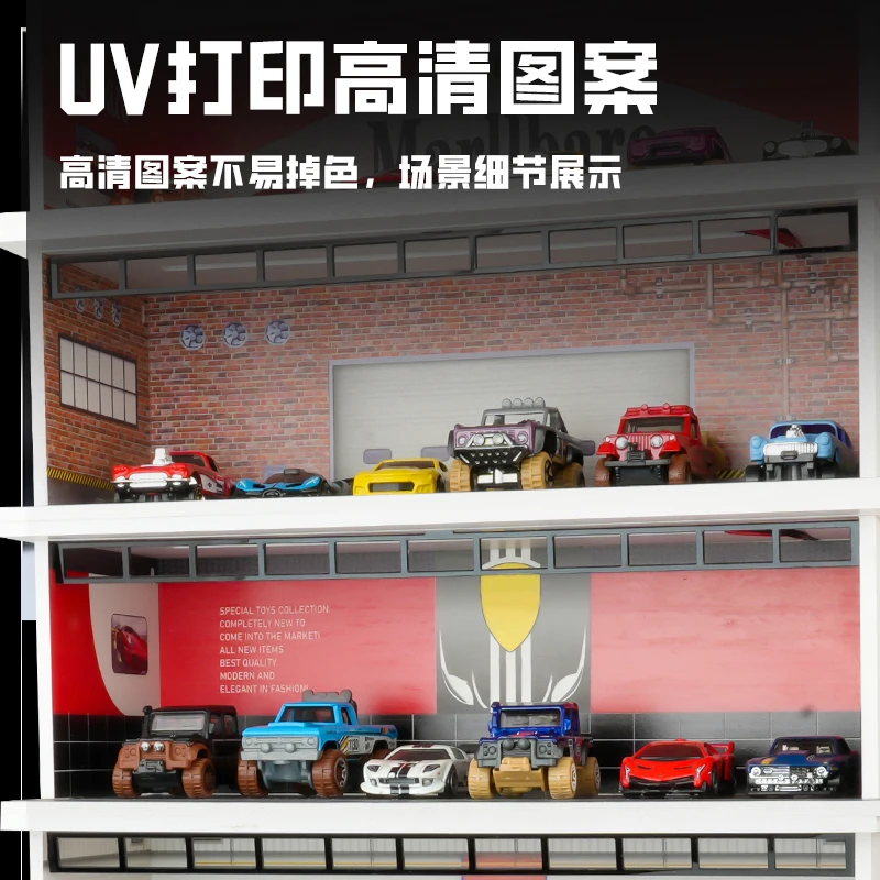 MDX 1/64 Schaal Auto Garage Diorama Miniaturen Modellen Sets LED Verlichting Dubbeldeks Model Auto Garage Collectie Display Geschenken