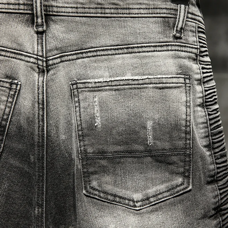 2024new motorcycle jeans men's slim stretch high-end pencil pants stitching scratch patch retro trousers