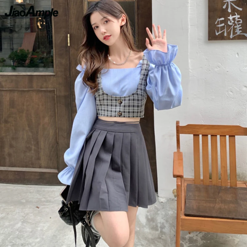 

Spring Summer Girl Student JK Outfits 2022 New Women's Fashion Short Off-Shoulder Shirt+Plaid Vest+Pleated Mini Skirts 3 Pcs Set