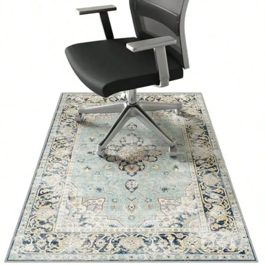 

36"x48" Vintage Blue Floral Office Chair Rug Durable Desk Chair Rug Machine Washable Computer Chairs Mat on Home Office Anti