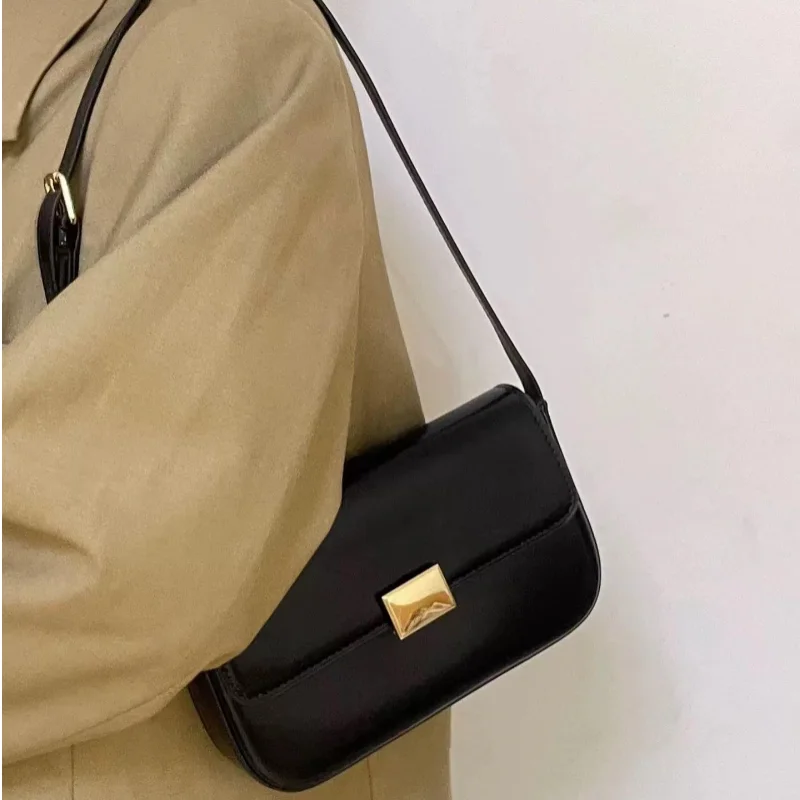 Fashion Trendy Women Shoulder Bags Vintage Black PU Leather Crossbody Bags Simple Flap Messenger Bags Advanced Female Handbags