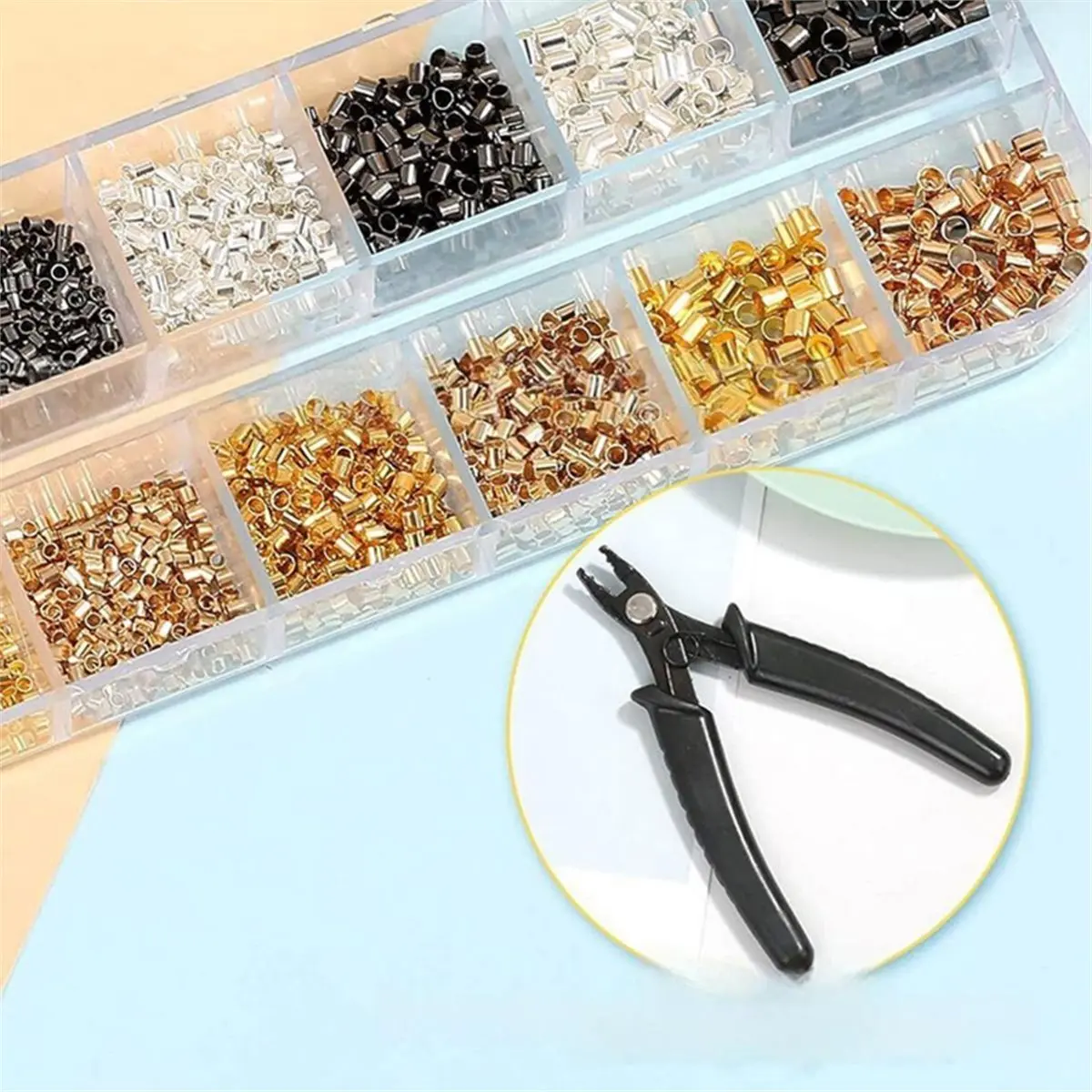 12-Compartment Mixed-Color Crimp Tube Set for Jewelry Making - Includes Crimping Pliers, Beading Wire, and Tweezers