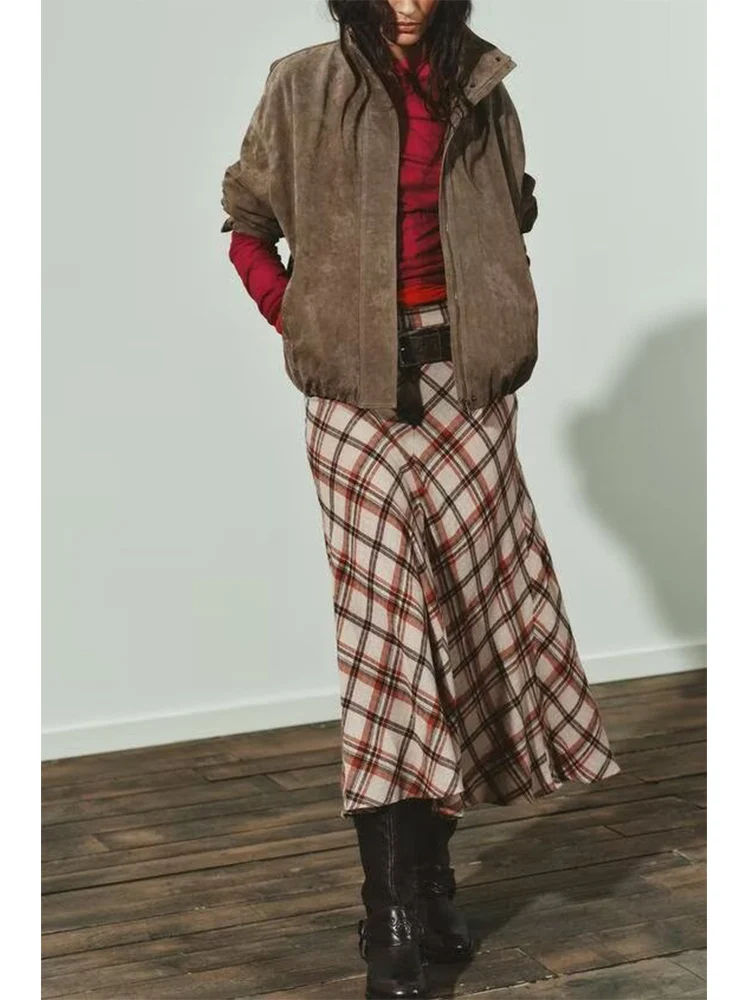 新しいヨーロッパスタイルのレディースファッション、多用途でエレガント、シンプルなデザイン、ミッドウエスト、チェック柄のミディスカート。