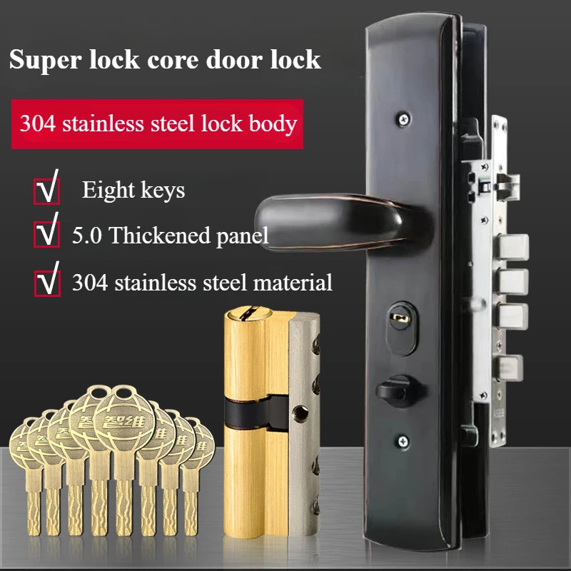 Anti-theft door lock set 5.0 thick stainless steel handle anti-theft door handle mechanical door lock with three-piece panel.