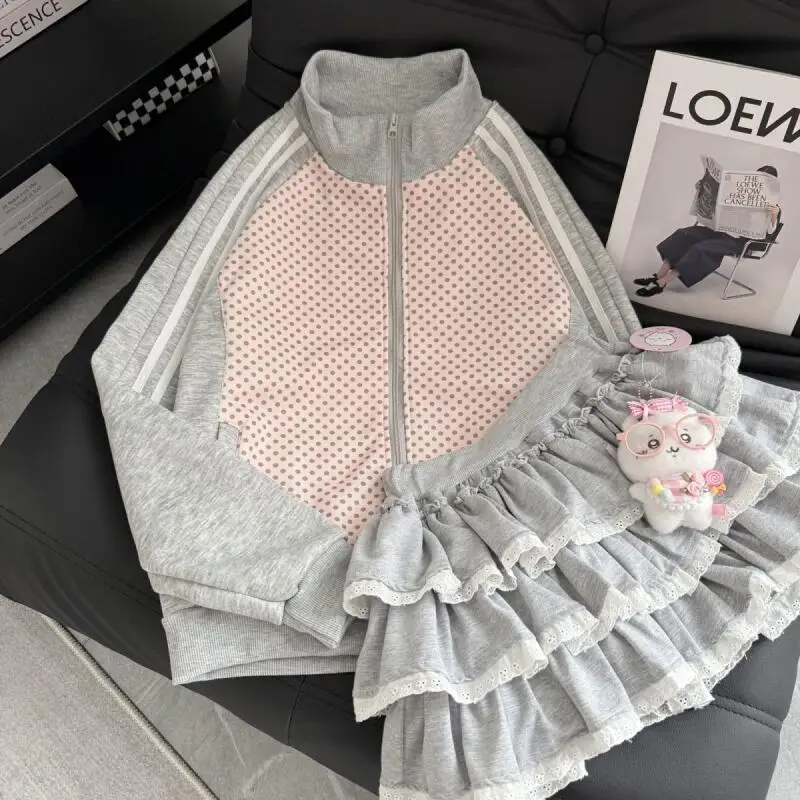 Korean Woman Zipper Jacket Y2K Girls Cardigan Coat Cute Lace Skirt Spring Autumn Student Casual Loose Coat Fashion Outer Wear