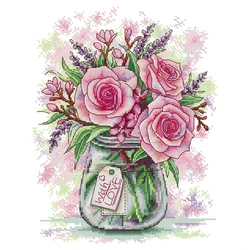 Joy Sunday-Cross Stitch Kit, Roses and Lavender, White Print Fabric, Embroidery Needlework Sets, Decor Sets, 11CT, 14CT
