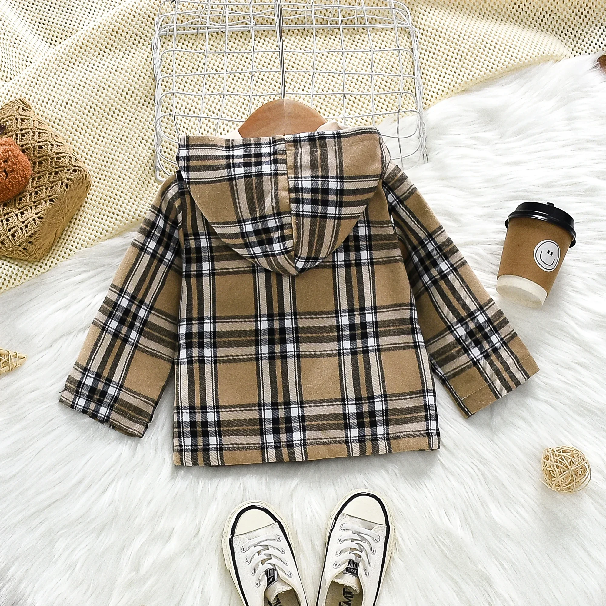 Baby Autumn Coat Fashion Plaid Hooded Long Sleeved Woolen Children\'S Clothing Suitable for 0-3 Years Old