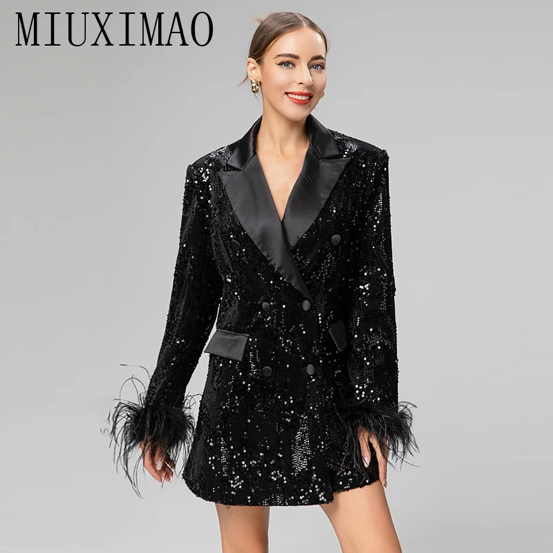 

MIUXIMAO 2023 Office Lady Fall Jacket Casual Full Sleeve Sequin Feathers Black Double Breasted Jackets for Women