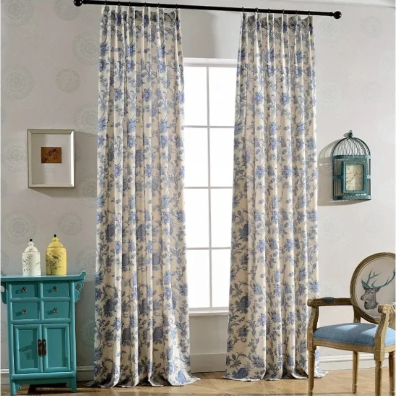 Modern Simple Chinese Style Celadon Retro Flower Blackout Curtains Living Room Bedroom Curtains
