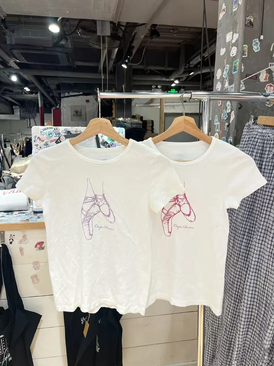 Ballet Shoes Print Slim T-shirt Woman Summer Round Neck Cotton Short Sleeve Tee Shirt Female Vintage Sweet Cute Crop Tops Y2k