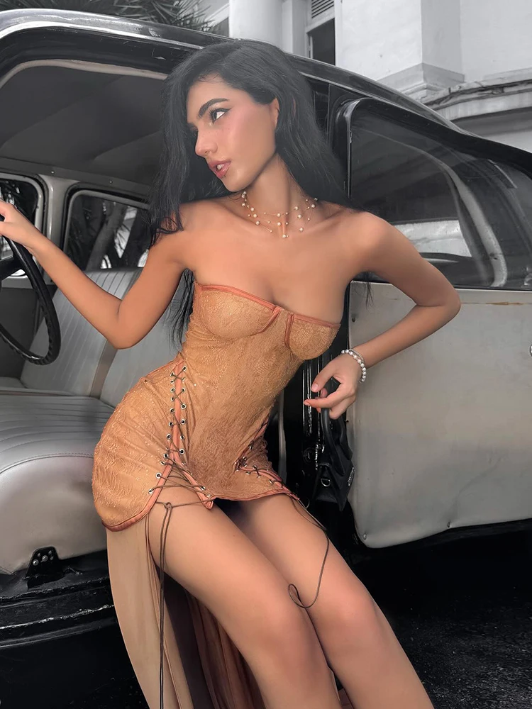 Macheda Mesh Patchwork Strapless Dress Women Sexy Off Shoulder Backless Jacquard Shirring Splits Prom Party Elegant Long Bodycon