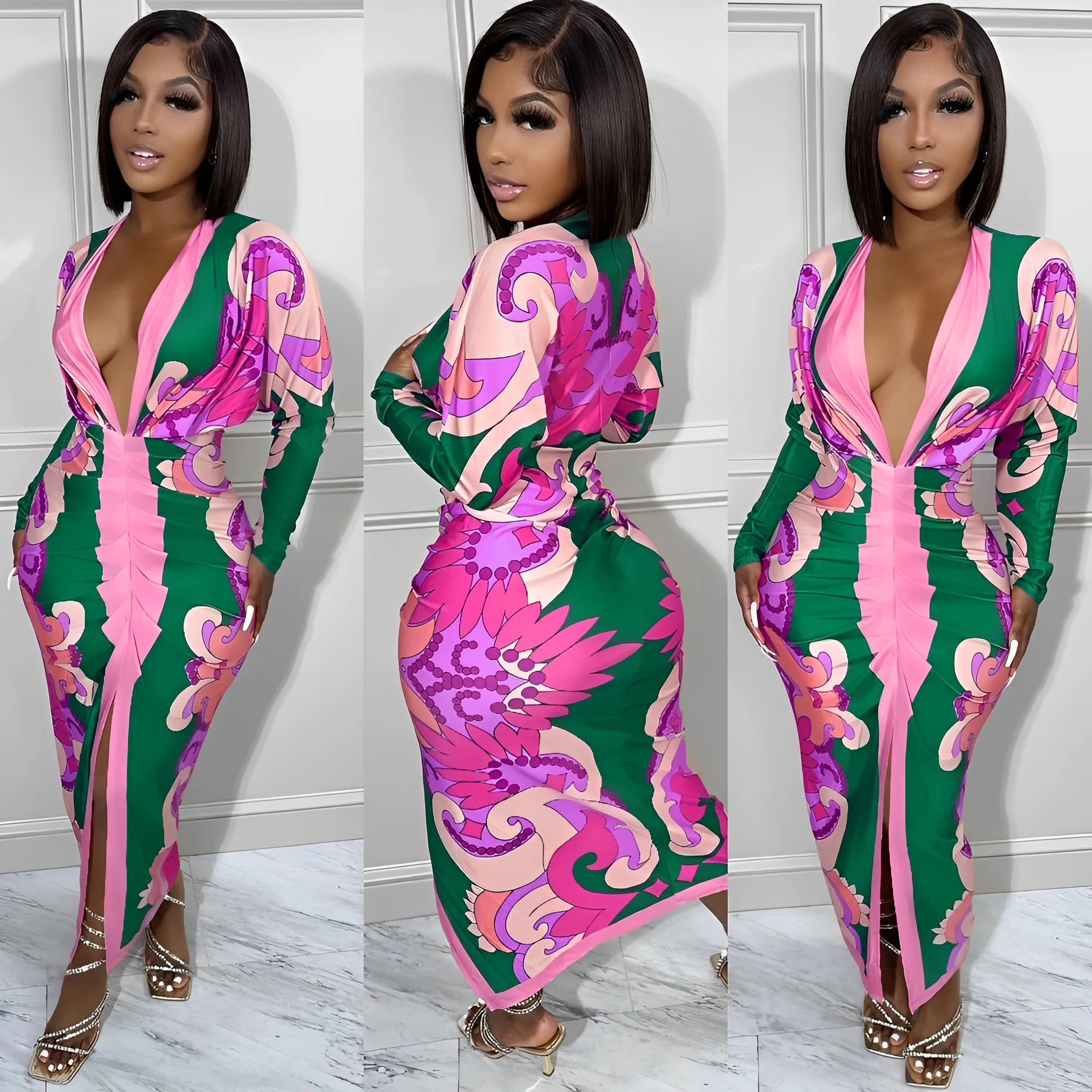 Abiti sexy casual a maniche lunghe stampati a righe comode di grandi dimensioni da donna Sister Star Abiti da festa da discoteca all'ingrosso