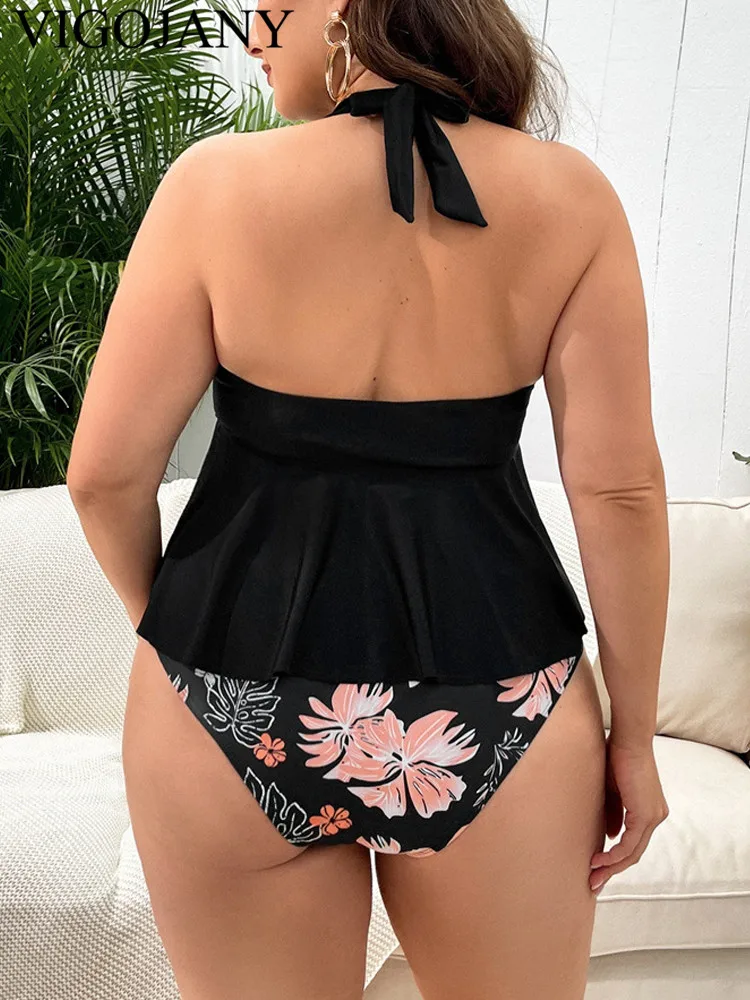 VigoJany 2025 Black Verge Plus Size Tankini Women Wiązany Halter Push Up Duży 2-częściowy kostium kąpielowy z wysoką talią Duży kostium kąpielowy