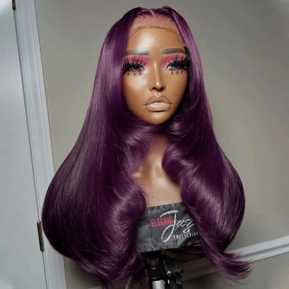 

Фиолетовый многослойный парик с прямым кружевным фронтом, без клея, предварительно прорезанный, синтетический и комбинированный кружевной парик высокого качества для косплея для женщин