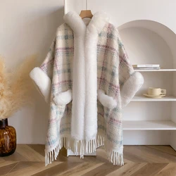 New Winter Thicken Fleece Collar Cape Pockets Coat With Hat Elegant Beautiful Long Tassels Women Party Dress Cloak Warm Wraps