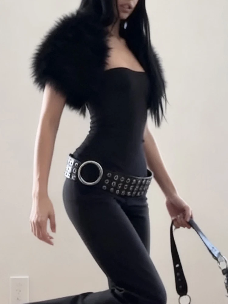 SIsterlinda Classic 2-Piece Set Women Sexy Trend Furry Shawl+Sleeveless Tank Top Fashion Party Club Stretch Skinny Chic Outfits