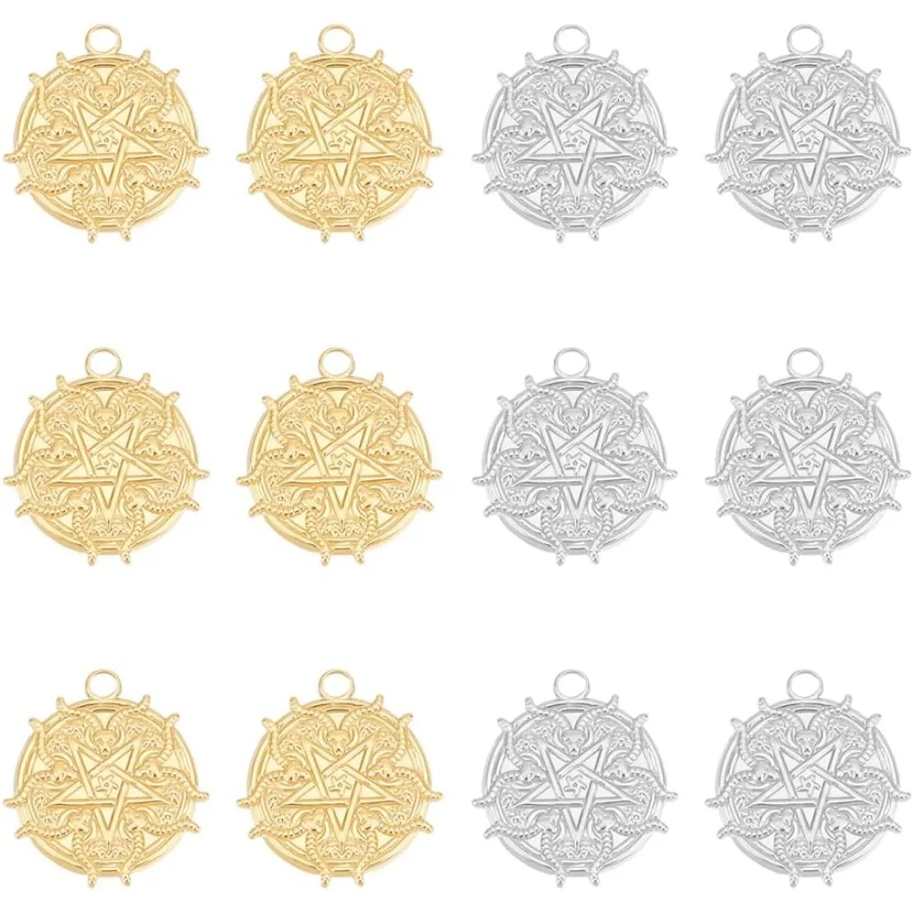 

12 pcs 2 Colors Flat Round with Star Charms 304 Stainless Steel Charms Five-Pointed Star Pendants Metal Charms Lovely Pendants