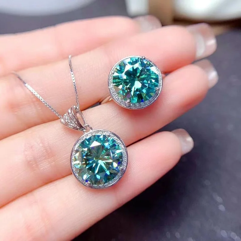 

Luxury 5CT 11MM Green Moissanite Ring Necklace Set Passed Diamond Test S925 Silver Wedding Jewelry Anniversary